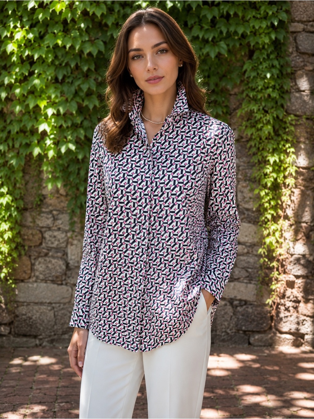 TYLER BOE Navy, Pink, and Cream Preppy Covered Button Front Pleated Yoke Top, 8 - Picture 2 of 16